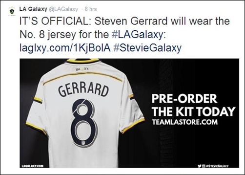 Kobe Bryant of the LA Lakers welcomes Steven Gerrard to the LA Galaxy 