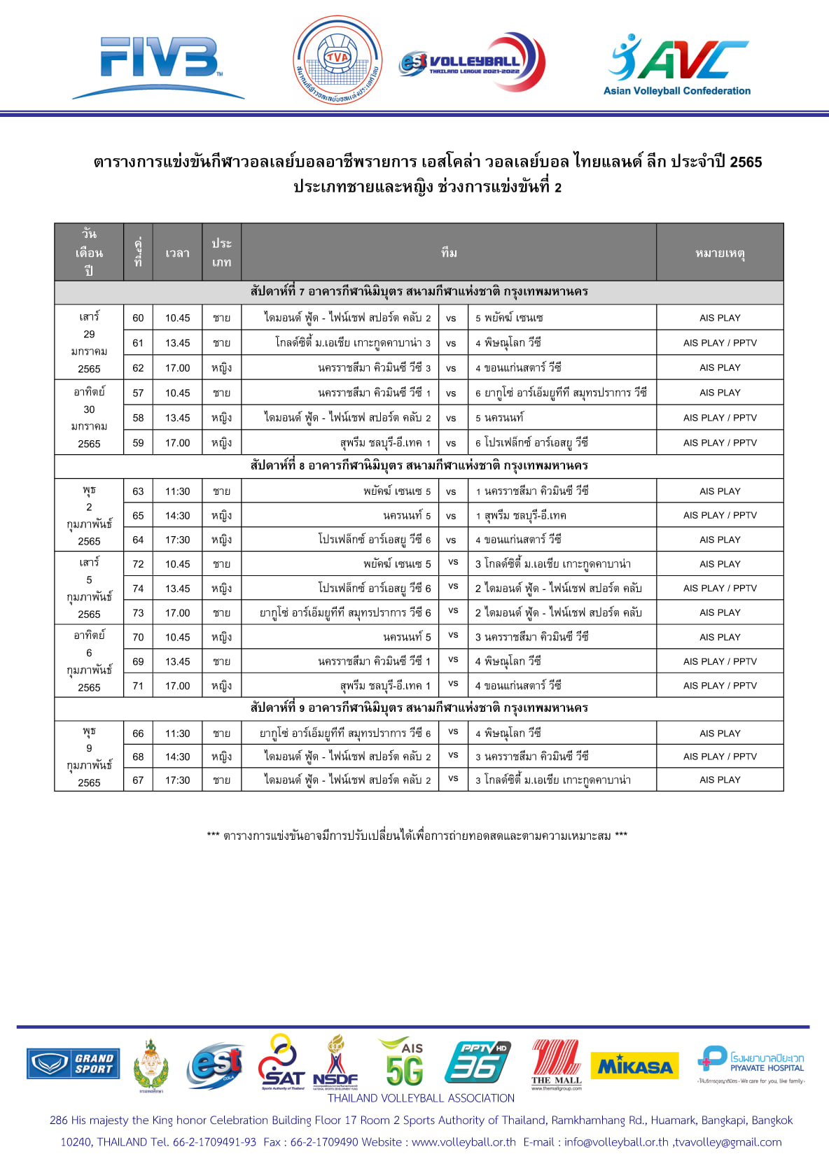 ตารางแข่งขันวอลเลย์บอลไทยแลนด์ลีก 2021-2022 [เลกที่ 2] - Pantip