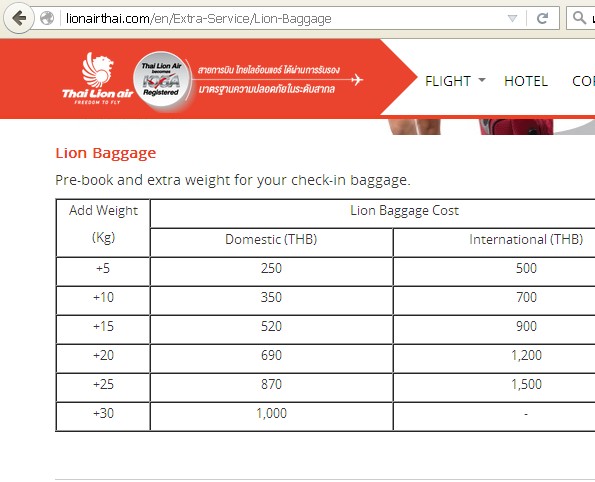 Thai lion cheap air baggage cost