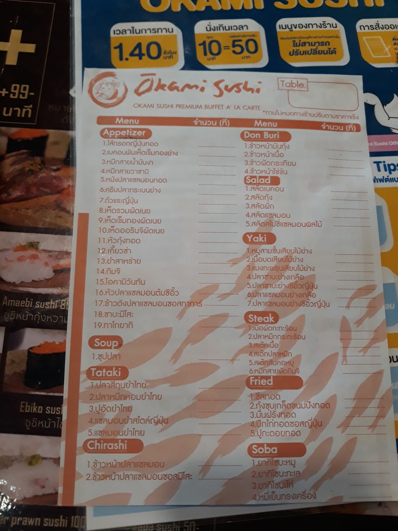 Menu Buffet Okami Sushi 599+