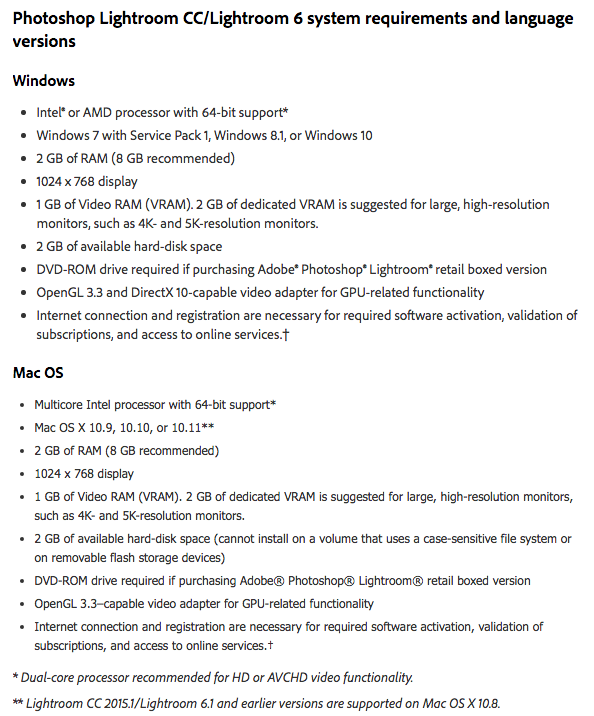 lightroom 6 system requirements