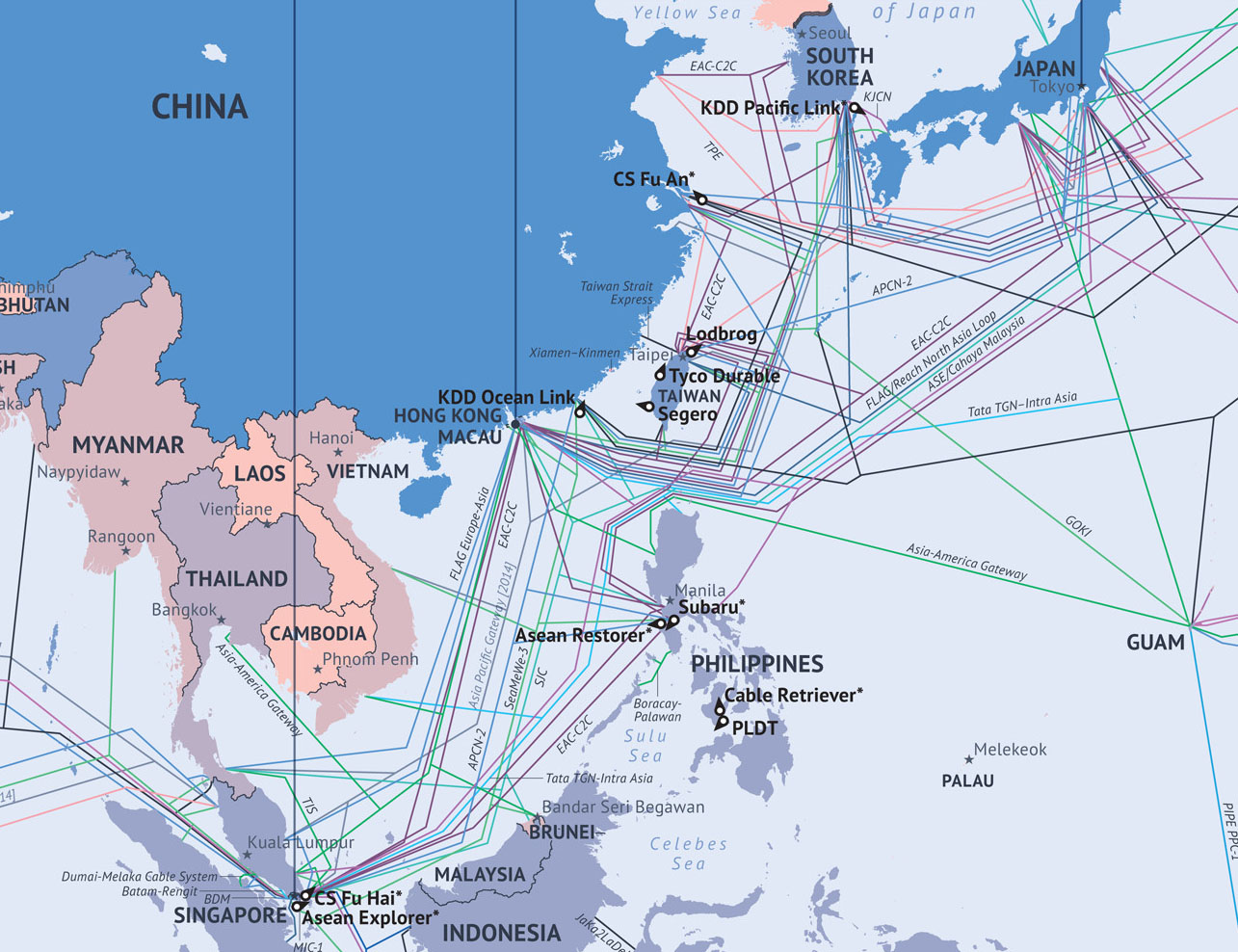 Карта кабелей интернета по океанам