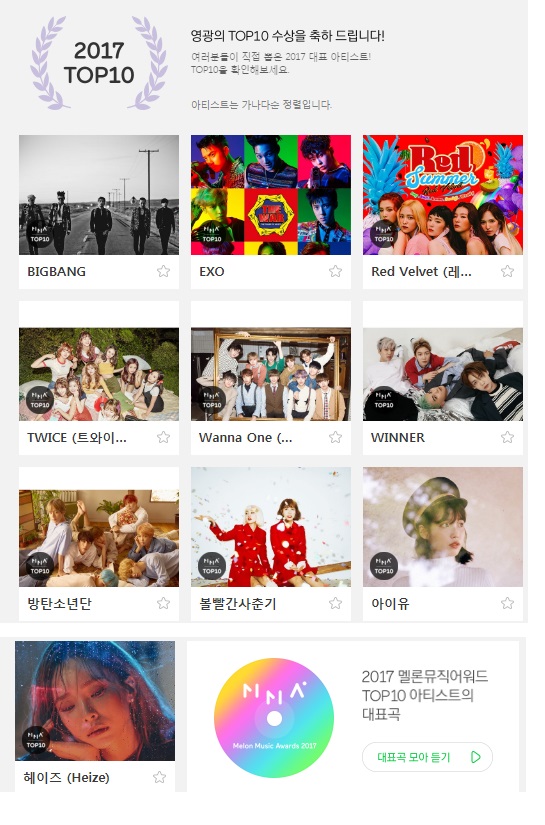 [KPOP] Melon Music Awards 2017 ประกาศรางวัลบนซัง TOP10 และผู้เข้าชิง