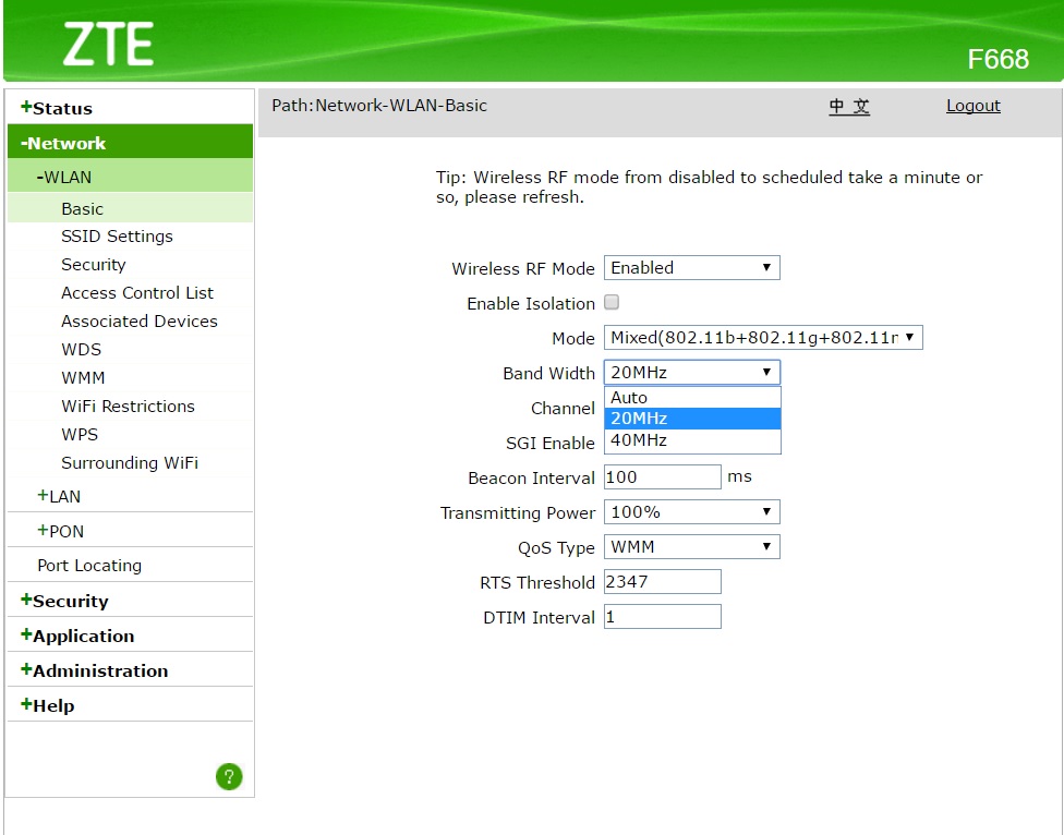  Router ZTE True F668  band width 40 MHz  