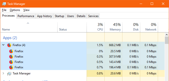 why does task manager show 2 firefox