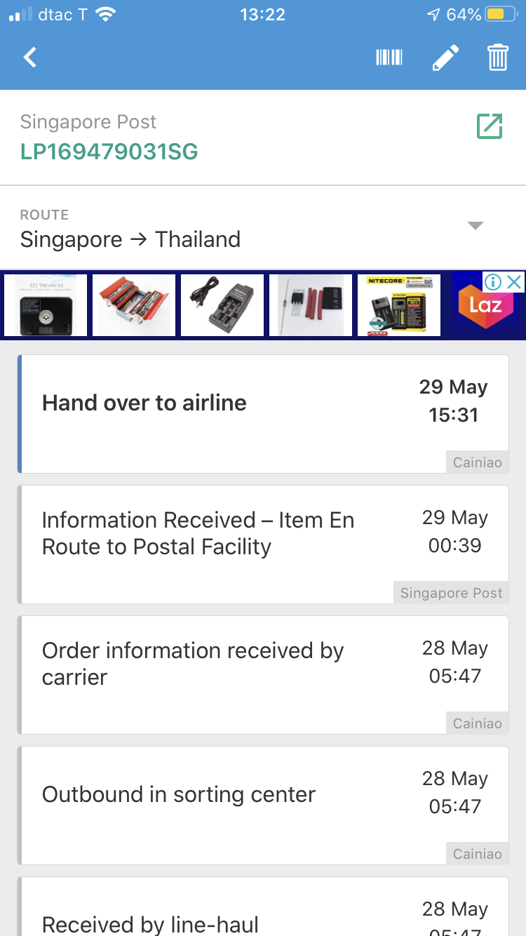 AliExpress สถานะ Hand over to airline นานมาก Singapore Post - Pantip
