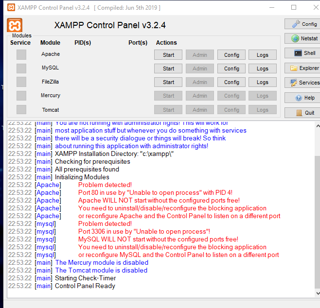 how to run xampp with administrator rights
