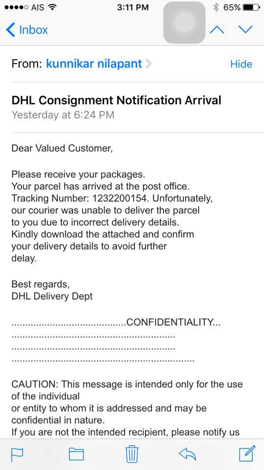เตือนภัย !!! Email ต้องสงสัย ให้ไปรับพัสดุจาก Dhl (มีรูปประกอบ) - Pantip