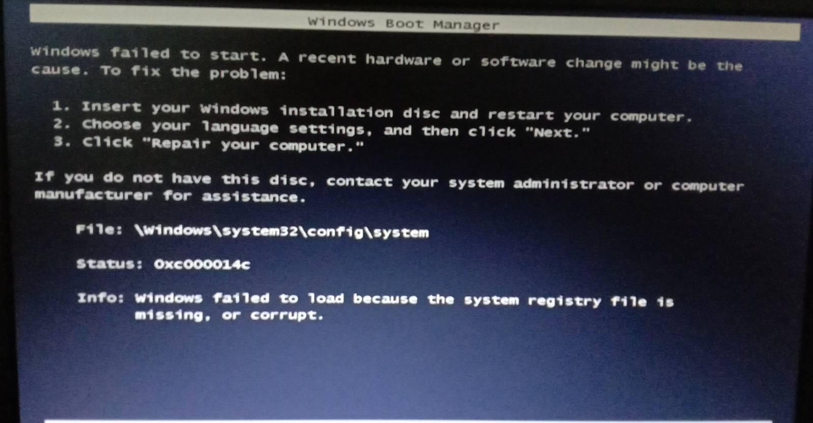 windows failed to load because the system registry
