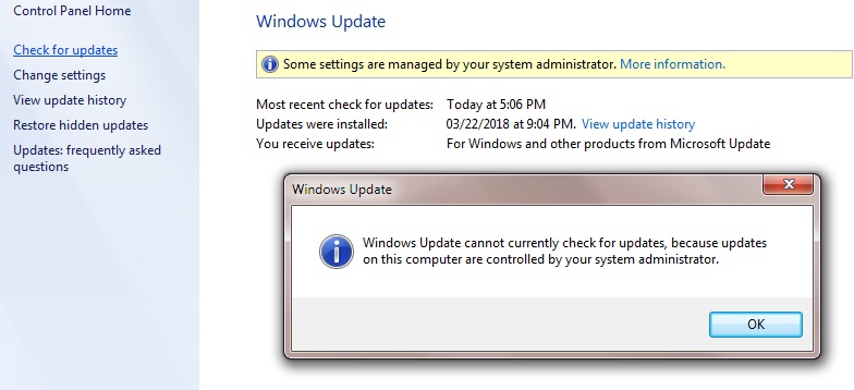 windows 7 updates managed by your system administrator