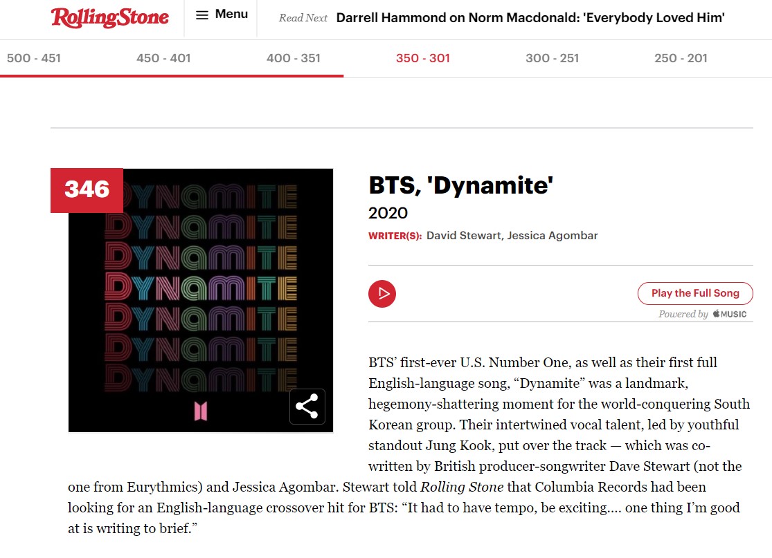 BTS] Dynamite ติด 1 ใน 500 ผลงานเพลงชิ้นเยี่ยมที่สุดตลอดกาล (#346 