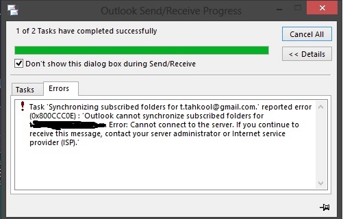 outlook cannot synchronize subscribed folders gmail