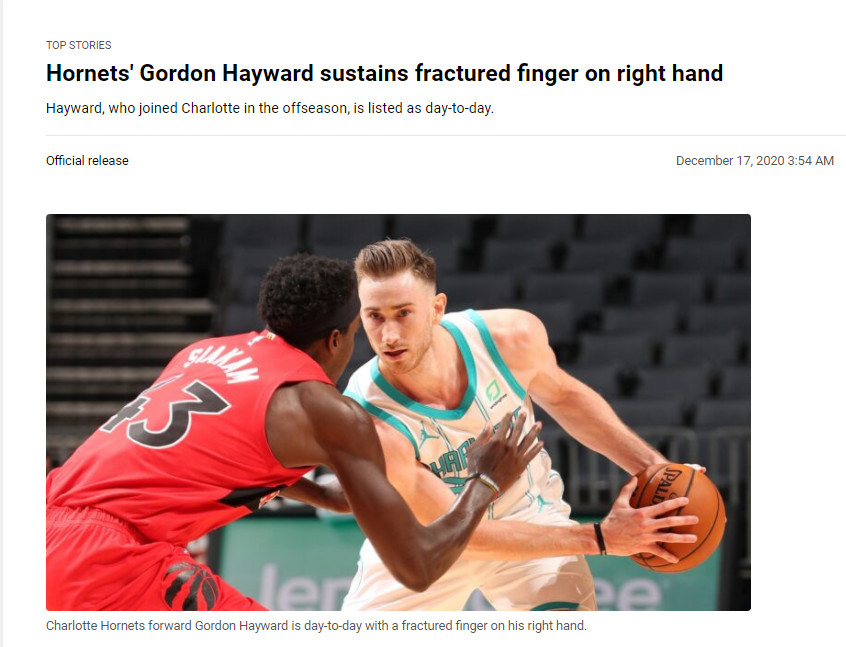 Hornets' Gordon Hayward sustains fractured finger on right hand