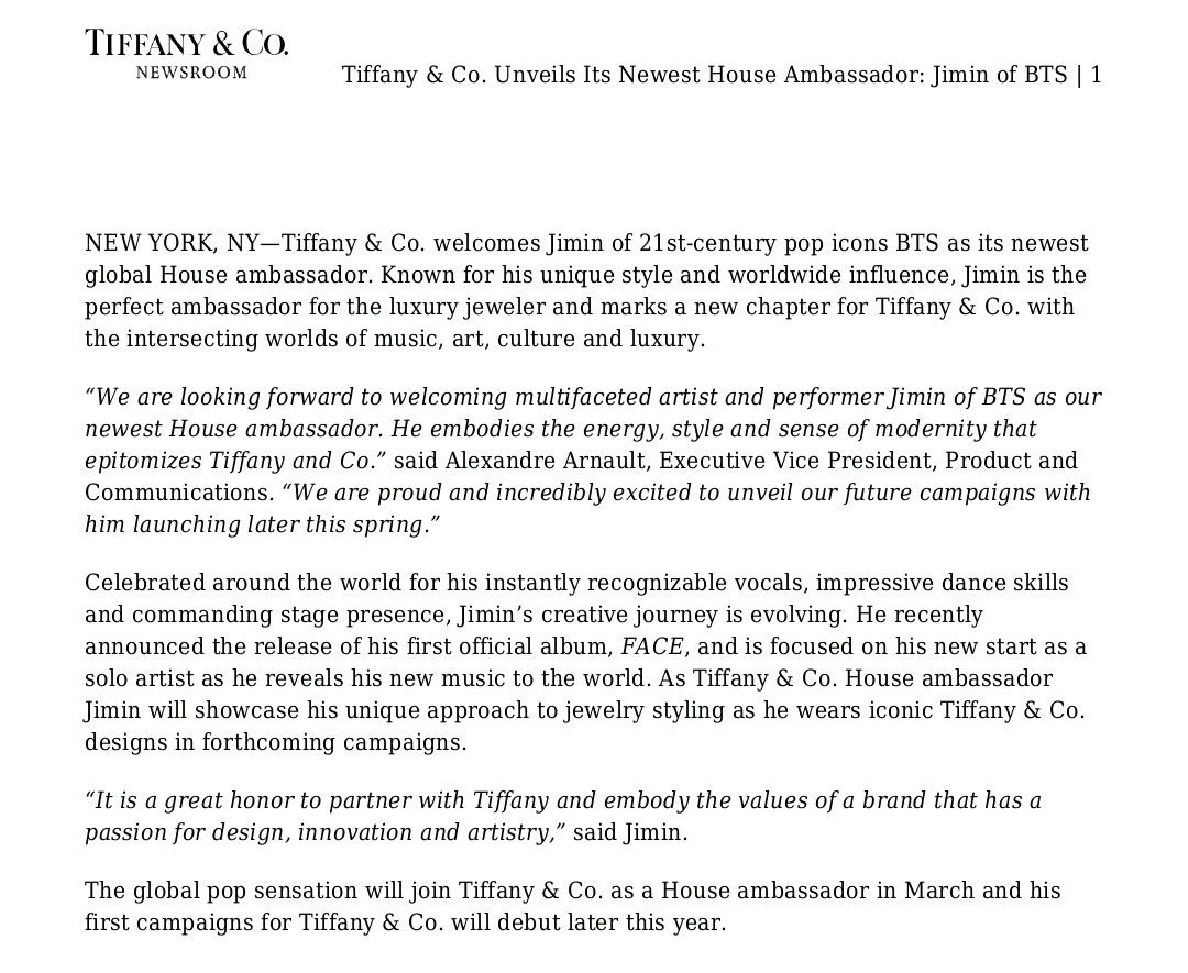 K-pop sensation Jimin named as Tiffany and Co's latest brand ambassador:  'It's a great honour!', Entertainment